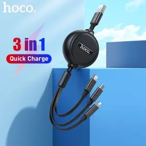 HOCO 100% Original X75 3 In 1 Retractable Charging USB Cable for All smartphones Type C USB Charger Cable for all smartphones