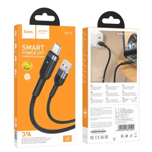 HOCO U117 USB TO Type-C Cable Smart Power-Off Charging Data Cable 2.4A Fast Charging Auto Disconnect & Recharge Cable 1.2M
